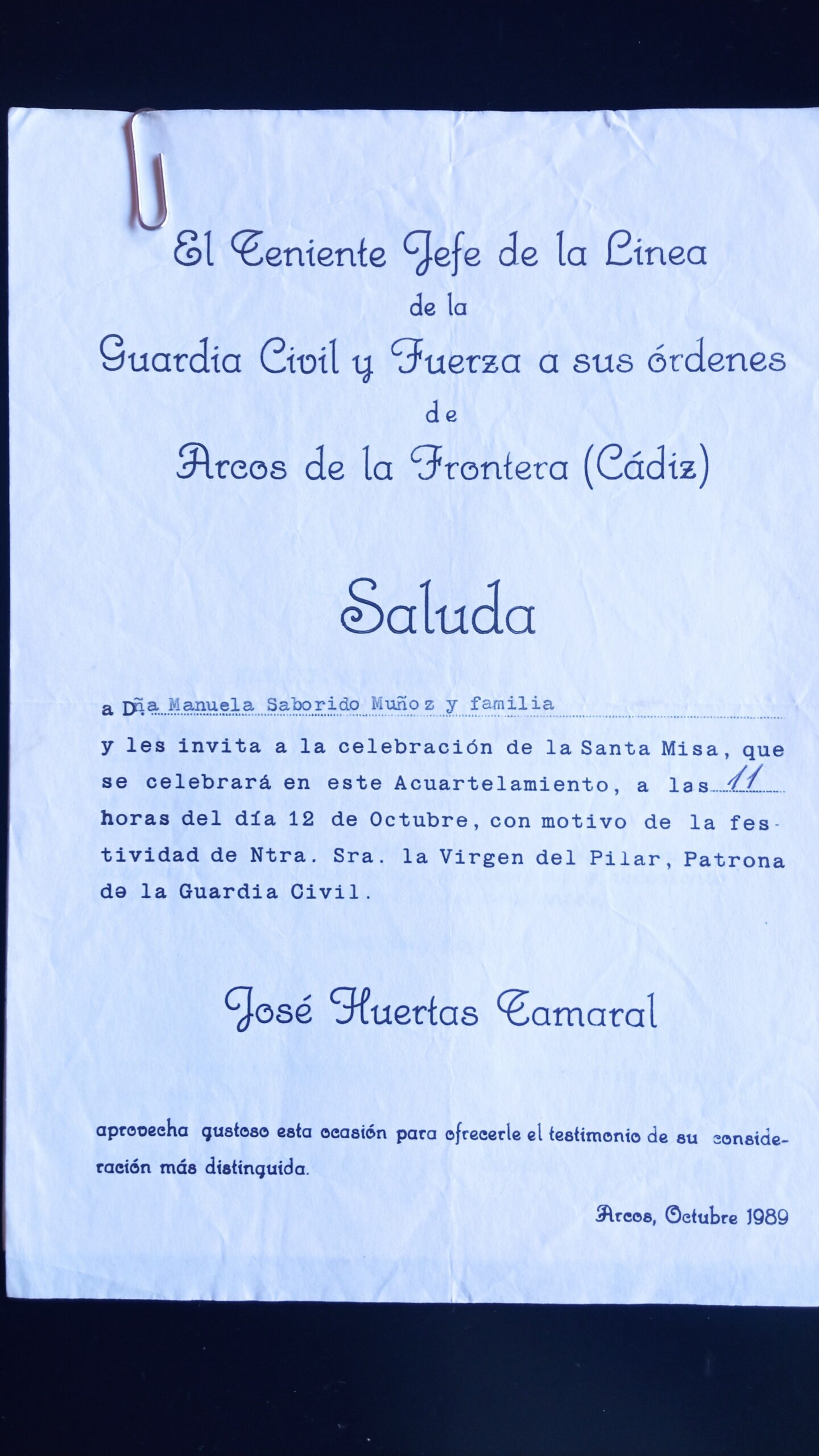 Invitación fiesta Guardia Civil 1989