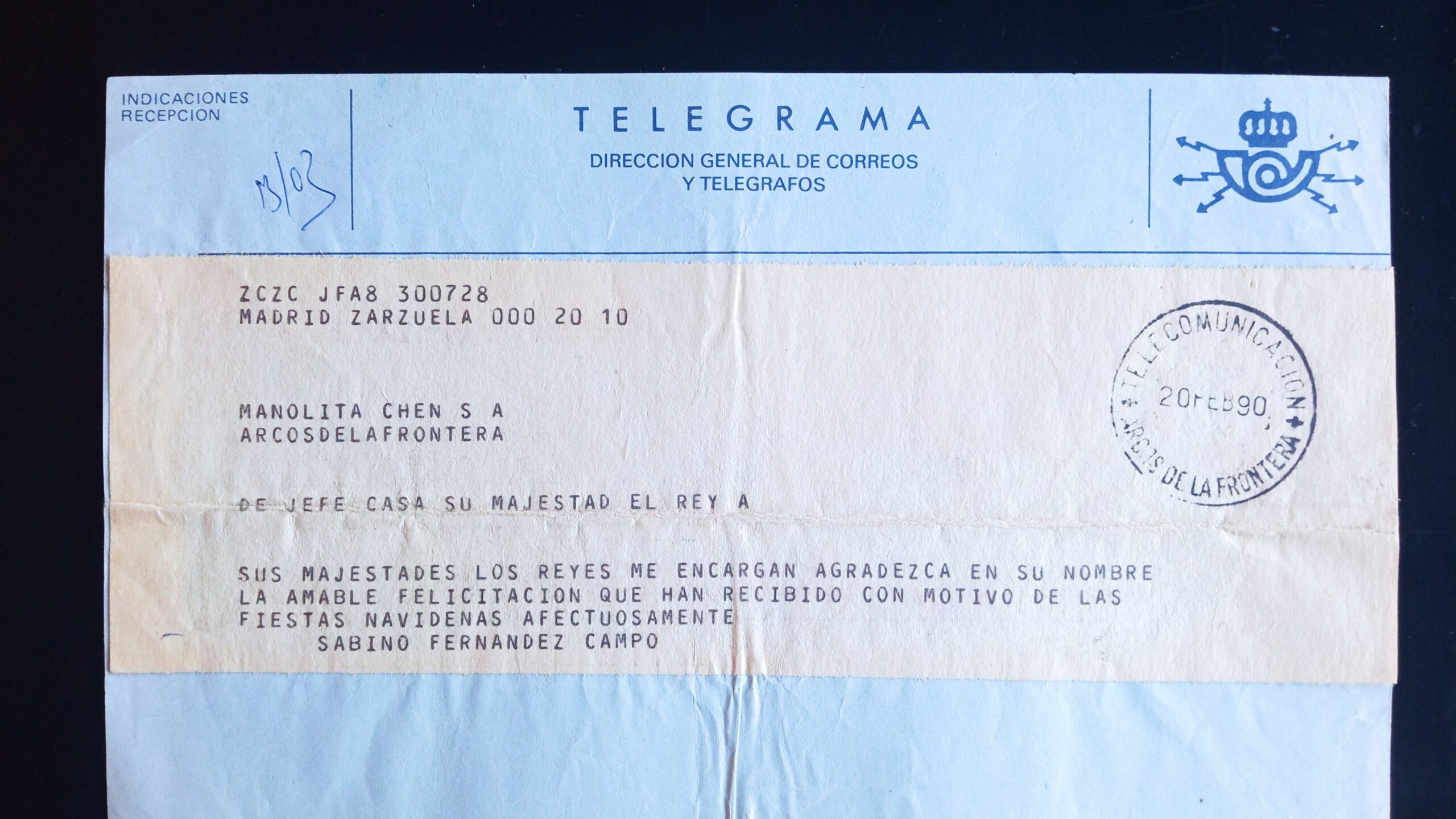 Telegrama respuesta de Casa Real